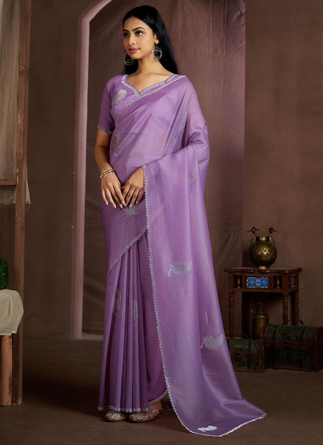 Crush Silk Lavender Party Wear Hand Work Saree